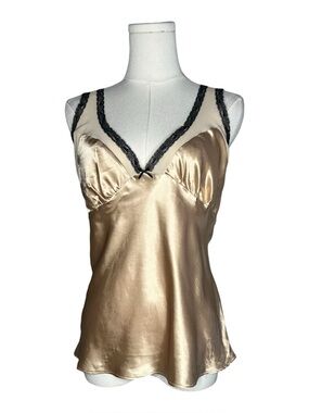 Vintage California Dynasty Gold Satin Lace Trim Babydoll Cami Tank Top Y2K Fairy